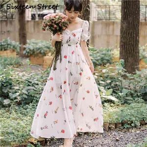 Weiße Rose Hohe Taille Retro Floral Chic Rauchkleid Französisch Eustoma Lange Frauen 210603