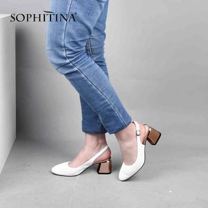 Sophitina Summer Women Pumps Pekad Toe Square Heel High Back Strap Lady Fashionable Skor Sheepskin Casual Pumps SC632 210513