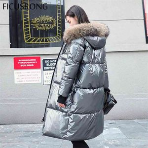 フィックスロング因果物質光沢のあるシルバーダウンジャケット冬の女性の長い毛皮の襟フード付きコートパーカー厚いジャケット女性のoutwear 210923