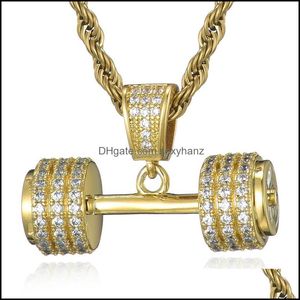 Hänge smycken ut bling rhinestone rep kedja halsband barbell gym fitness hantel guld färg hand hängen halsband för män juvel