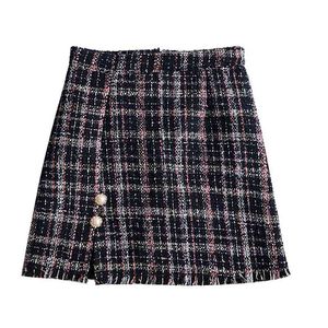 Pencil Skirt Vintage Sexy Mini High Waist Tassel Short Chic Tweed Plaid Black White Elegant Pearl Beading Winter S0182 210514