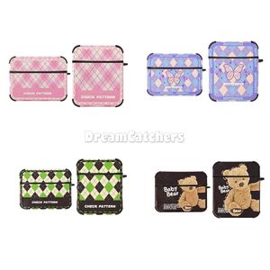 AirPods 1 2 Pro Case Pink Green Retro Plaids Suitcase Söt tecknad docka Bear Lovely Purple Farterfly Form Earphone Fall för Bluetooth Earphone Cover med Hook New