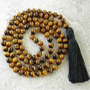 8mm Tiger Eye 108 Beads Handmade Tassel Necklace Mala Classic Japa Chakra Tibetan Retro Yoga