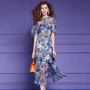 Women Summer Designer Elegant Slik Dress Sexy Ruffles Button Cocktail Party Robe Female Blue Vintage Print Floral Dress Vestidos 210525