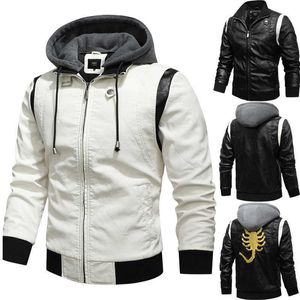 Baseball Pilot Leather Jacket Men Faux PU Hooded Motorcykel Biker Mens Jackor Vinter Broderi Bomber Jacka Män Coats 210603