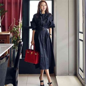 Elegant Women Long Trench Coat Fashion Autumn O Neck Sleeved Buttons Casual Ladies Windbreaker with Belt 210603