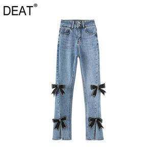 [DEAT] Spring Fashion Pencil Byxor Lös fast Färg Split Gaffel Hög Midja Båg Personlighet Kvinnor Jeans 13c622 210527