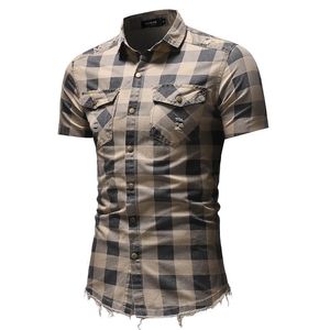 Männer Casual Hemden Drop Langarm Plaid Männer Hemd Ripped Loch Punk Hip Hop Denim Männlich Slim Fit Bluse Chemise jean Homme