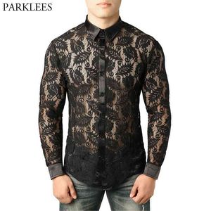 Men's Leaves Embroidery Transparent Shirt Slim Fit Sexy See Through Clubwear Dress Shirt Men Party Event Lace Sheer Tops Blouse 210522