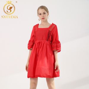 Abiti estivi rossi di alta qualità moda vita manica corta in pizzo abito allentato vuoto abiti 210520