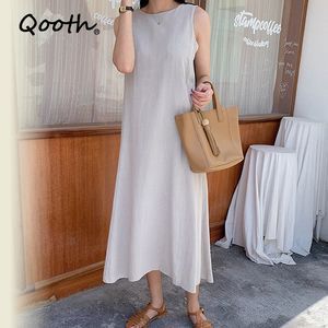 Qooth Dress Simple Casual Loose Women Vest Abiti Summer OL Abito senza maniche a trapezio Blu Beige QT039 210518