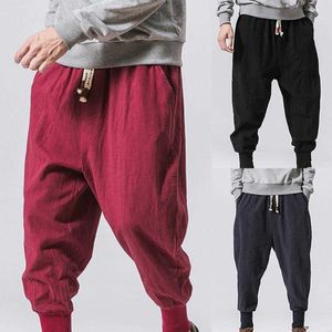 Sporty Men Solid Color Ankle Tied Drawstring Pockets Drop Crotch Hip Hop Pants X0723