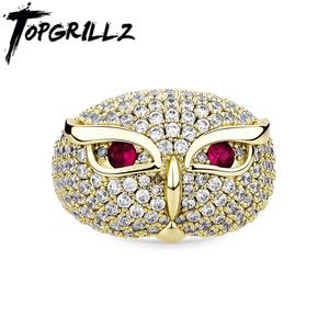 Topgrillz 2021 Sowa pierścienie Stałe Pierścień miedziany z czerwonym cyrkonem LUSED Out Cubic Cyrkonia Hip Hop Osobowość Biżuteria dla mężczyzn Kobiety