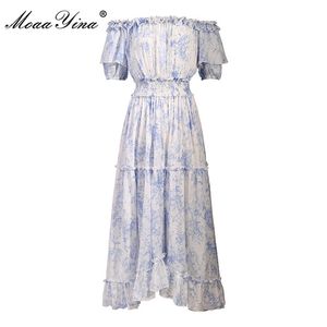 Designer de moda vestido de verão feminino manga de manga elástica cintura azul impressão floral longo férias 210524