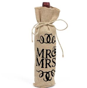 Rustik Hediye Çantaları toptan satış-2021 Stilleri Hediye Wrap Mr Mrs Şarap Şişesi Kapak Jüt Hediyeler Çanta Rustik Düğün Dekorasyon Yıldönümü Parti Dekor