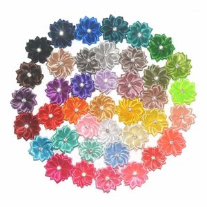 120pc/lot 1.5" Satin Flower For Hair Clip Accessories,DIY Ribbon Flowers With Rhinestone Center 40color In Stock