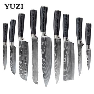 Zestaw noży kuchennych 1-9 sztuk wzór damasceński ostry japoński nóż szefa kuchni Santoku tasak krojenie siekanie z uchwytem z żywicy