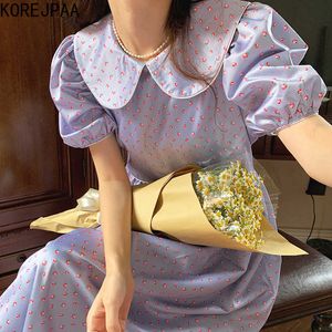 Korejpaa Women Dress Summer Korean Chic Girls Sweet Age-reducing Floral Doll Collar High Waist Loose Puff Sleeve Vestidos 210526