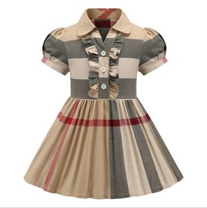 Cute Girls Summer Plaid Dress Baby Girl Short Sleeve Dresses Kids Cotton A-Line Skirts Children Turn-Down Collar Skirt Child Clothes 2-7 Years