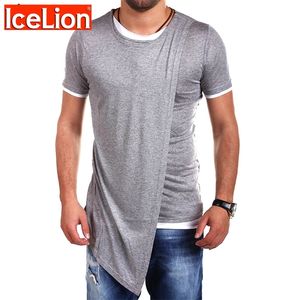 IceLion Summer Fake Two T shirt Men Irregular Hem Short Sleeve T-shirt Fashion Solid Slim Hip Hop Streetwear Man's Tshirt 210706