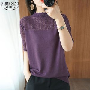 Mulheres verão de malha manga curta fina camisola feminina oca out lace turtleneck pulôver senhoras malha algodão roxo jumper 13774 210508