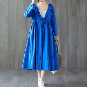 Johnature Kore Moda Katı Renk Cepler Kapüşonlu Kadınlar Lace Up Ceket Sonbahar Gevşek Rahat Tüm Maç Kadın Mont 210521