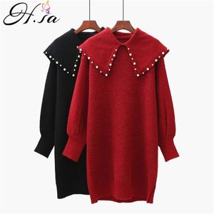 Women Sweet Jumpers Bow Collars Lantern Sleeve Pearl Beading Knitwear Long Sweater Red Pull Loose Knit Dress 210430