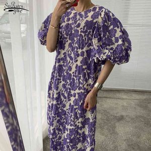 Casual Lose Blumen Gedruckt Kleider Weibliche Sommer Robe Femme O Neck Puff Sleeve Kleid Frauen Koreanische Vintage Vestidos 14280 210521