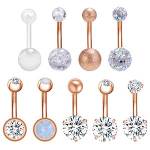8/9Pcs/Lot Button Ring Set Crystal Double Ball Piercing for Women Rose Gold Stainless Steel Navel Belly Rings