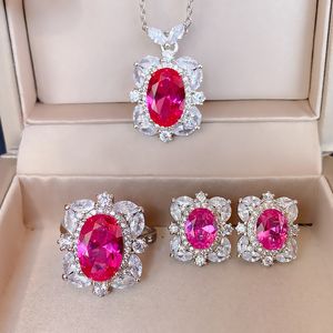 Ruby Diamond Set 100 ٪ Sterling Sterling Sier Party Wedding Rings Necklace للنساء مجوهرات الزفاف