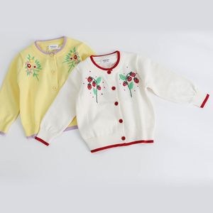 Autumn Girls Embroider Cardigan Coat Clothing Spring Long Sleeve Knit Children Sweater s 210429