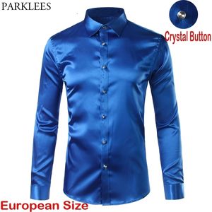 Luxury Royal Blue Satin Shirt Män Märke Kristall Knapp Klänning Skjortor Mens Långärmad Bröllop Prom Tuxedo Shirts Chemise 3XL 210522