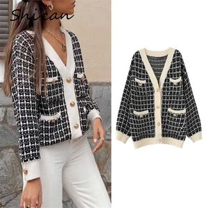 Snican preto xadrez suéter za mulheres soltas casuais bolsos cardigan inverno primavera outwear feminino tops femme chandails 211018