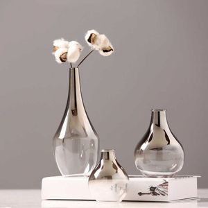 Nordic Cam Vazo Yaratıcı Gümüş Degrade Kurutulmuş Çiçek Vazo Masaüstü Süsler Ev Dekorasyon Eğlenceli Hediyeler Bitkiler Tencere Mobilya 210623