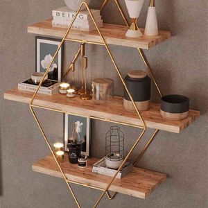 Prism Solid Wall 3 Shelf Kitchen Bathroom Bookcase Large Size Premium Natural Wood Gold and Black Color Metal Modern Decorative X0715