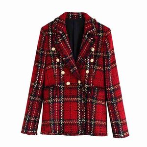 Vintage Women Red Plaid Coats Fashion Ladies Woolen Dubbelbröst Jackor Elegant Kvinna Chic Notched Collar Blazers 210430