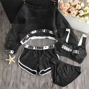 Ladies Letter Print Swimwear Sexy Slim Cute Girls Four Pieces Bikinis Sets Shorts Swimsuit Bathing Suit Women Biquinis 210712