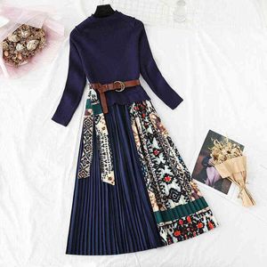 Autumn Winter Knitted Dress Elegant Ladies Long Sleeve Pleated Sweater Dress With belt Vintage A-line Print Women Dress Vestidos G1214