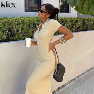 Kliou Örme Maxi Elbise Kadınlar Zarif Moda Lady Bodycon Robe Basit Klasik Vücut Şekillendirme Dış Giyim Etek Kadın Giyim Y1204