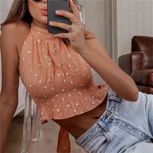 Casual mulher laranja print halter tops verão meninas y2k backless colete colete feminino bonito lacing praia 210515