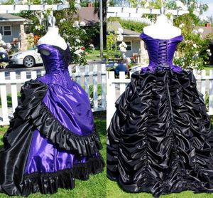 Niestandardowe gotyckie wiktoriańskie sukienki ślubne z ramion fioletowo-czarnej księżniczki koronkowe sukienki ślubne z gorsetem