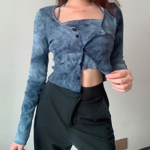 T-shirt das mulheres 2021 primavera e outono Lace-up Halter colete cardigan manga longa top two-peça senhoras tie-tintura estilingue apertado