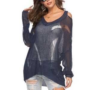 Long Off The Shoulder Sweater Women Punk Hollow Out Thin Hole s Pullover Jumpers Cool Broken Knit Sexy Slit Top 210604