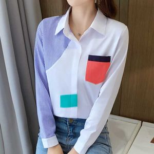 Damskie Bluzki Koszule Paski Stitch Luźne Długie Rękaw Koreańska Moda Letnia Odzież Vintage Top Vetement FEMME 2021