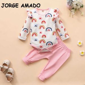 Wholesale Spring Baby 2ピースセットコットンロングスリーブロンパー+ロングパンツレインボーかわいい漫画男の子服E1001 210610