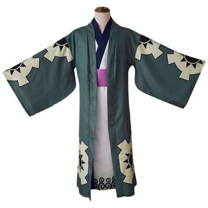 Anime One Piece Roronoa Zoro Cosplay Kostüm Tam Set Peruk Küpe Ayakkabı Erkekler Kimono Cadılar Bayramı Y0913