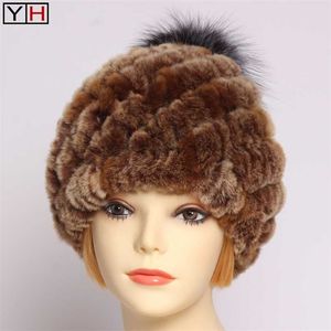 Winter Lady Natural Rex Rabbit Fur Hat Women Warm Soft Genuine Cap + Silver Ball Knitted Real Caps 211229