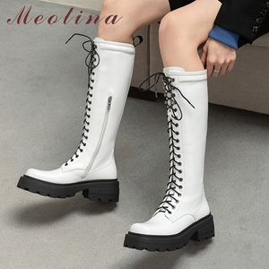 Gerçek Deri Yüksek Topuk Kadın Çizmeler Platform Blok Diz Dantel Up Uzun Zip Bayanlar Ayakkabı Sonbahar Beyaz 210517