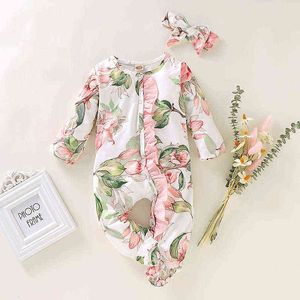 Neugeborenen Baby Mädchen Kleidung 0 3 6 9 Monate Vintage Floral Baumwolle Spitze Rüschen Säuglingsspielanzug Frühling Baby Mädchen Overall set Outfit G1221