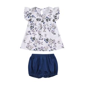 1-5Y verão vintage flor criança bebê menina conjunto de ruffles colete tops shorts outfits trajes 210515